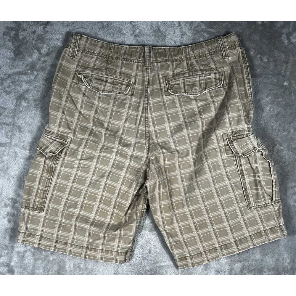 Plugg Cargo Shorts Mens 36 Brown Plaid Pockets Y2K Grunge‎ Baggy Wide Leg 2000s